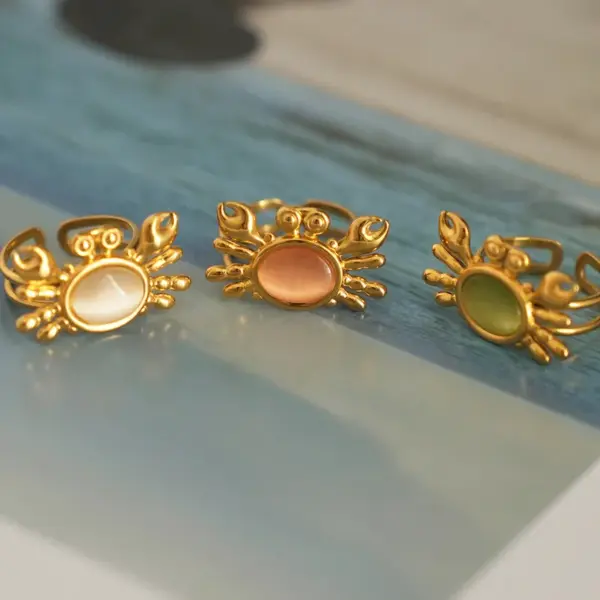 Wholesale Ion Plating (IP) Real Gold Plated 18K Gold Crab 304 Stainless Steel Cat's Eye Stone Vacation Marine Style Waterproof Non Tarnish Open Rings