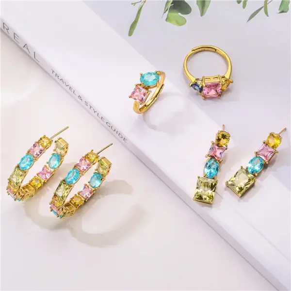 Wholesale Sweet C Shape Square Water Droplets Copper Rings Earrings In Bulk