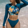 Wholesale 2025 European and American New Digital Printed High Neck Long Sleeve Amazon Bikini High Waist Split Surfer Women's Swimsuit