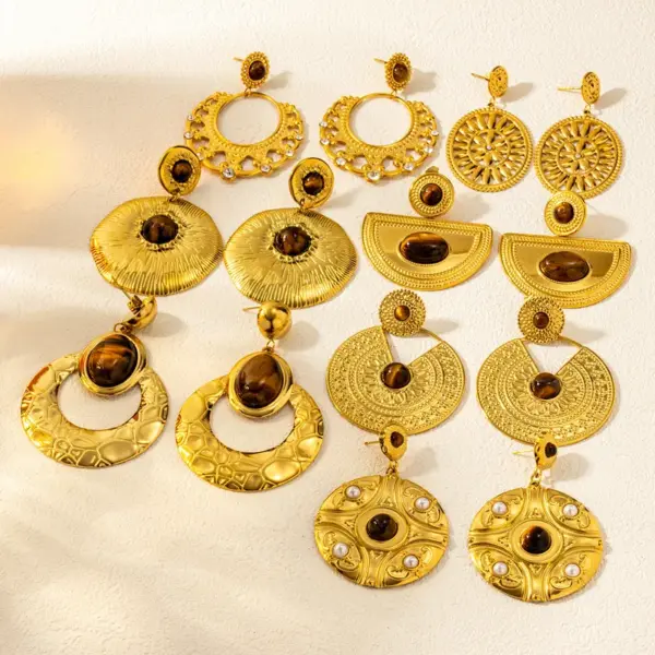 Wholesale 1 Pair Retro Bohemian Round Oval Titanium Steel Natural Stone Drop Earrings