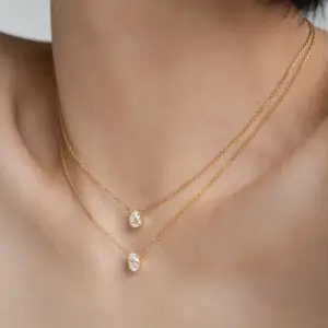 Wholesale 304 Stainless Steel Oval Water Droplets PVD Coated Zircon 18K Real Gold Plated Simple Style Waterproof Non Tarnish Inlay Cable Chain Gold Pendant Necklace