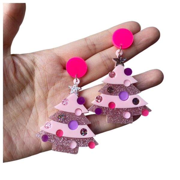 Wholesale Christmas acrylic earrings with colorful patchwork green and pink Christmas tree design