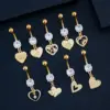 Stainless Steel Heart Series Zircon Navel Ring Piercing Jewelry Simple Style Unisex Navel Decoration Flower Pattern