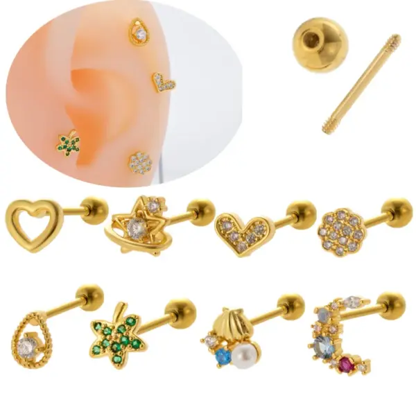 Wholesale 1 Piece 316L Stainless Steel Copper Pearl Zircon Ear Cartilage Rings & Studs Leaves Water Droplets Heart Shape Waterproof Non Tarnish Surgical Steel