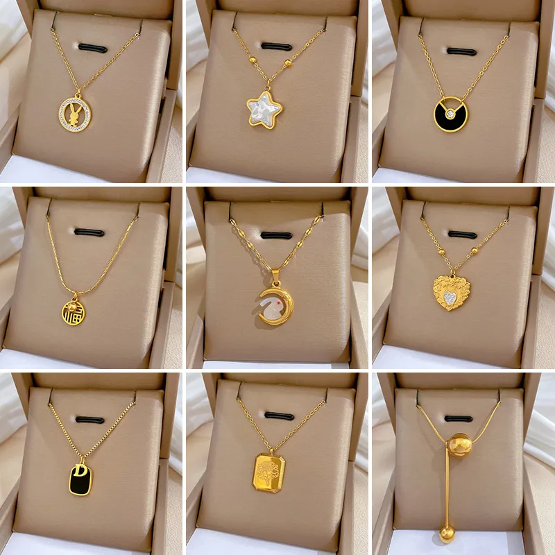 Wholesale Fashion Rabbit Titanium Steel Plating Inlay Shell Zircon Pendant Necklace 1 Piece