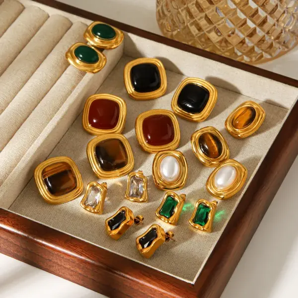 304 Stainless Steel Inlaid Natural Stone Irregular Shape Stud Earrings Plated 18K Real Gold Zircon Pearl Vintage Earrings