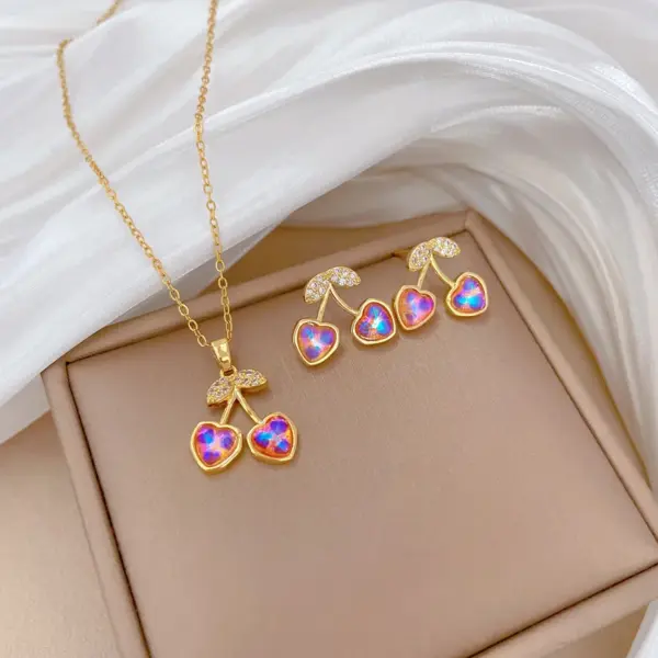 Wholesale Electroplating 18K Gold Golden Plated Cherry Titanium Steel Brass Elegant Classic Style Commute Jewelry Set