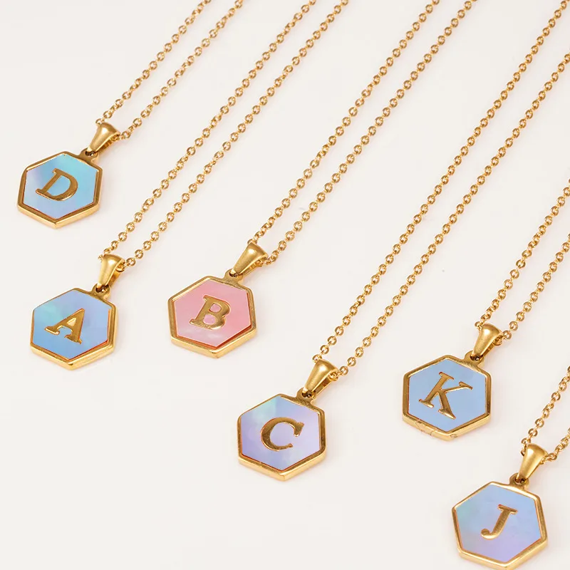 Wholesale Retro Letter Titanium Steel Pendant Necklace Inlay Shell Stainless Steel Necklaces