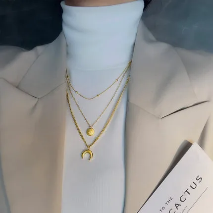 Fashion Moon Titanium Steel Plating Layered Necklaces 1 Piece