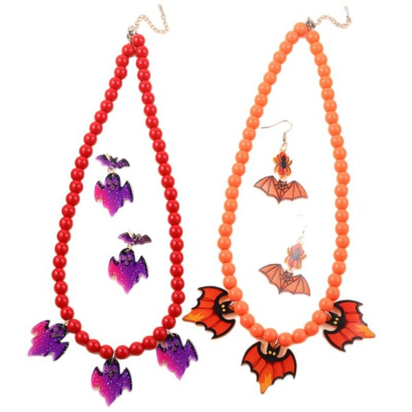 Wholesale European and American Halloween Creative Earrings Solid Color Bat Ghost Beaded Acrylic Necklace Personalized Jewelry Set for Women