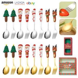 Wholesale Christmas Tableware Dessert Spoon Fork Cartoon Santa Claus Spoon