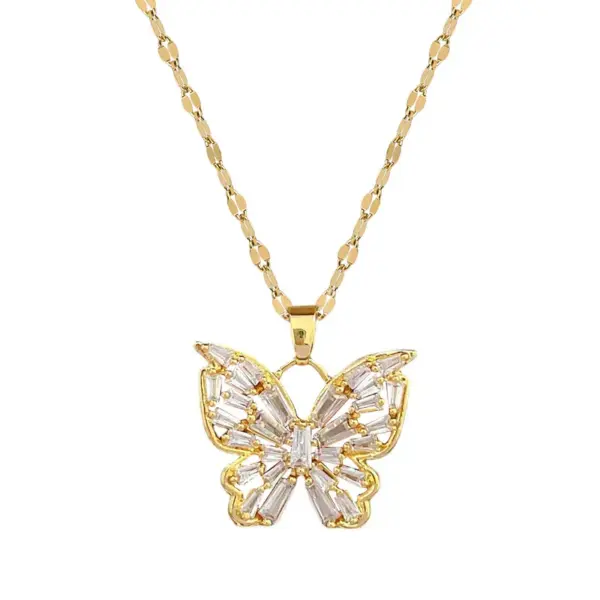 Wholesale Golden Plated 304 Stainless Steel Electroplating Zircon Butterfly Elegant Pendant Necklace For Women'S