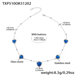 TXP510-Blue Glass Stone Steel Color Necklace 42+5cm