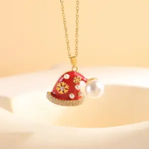 Xl752 Pearl Christmas Hat Necklace / Gold