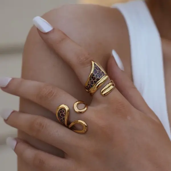 Wholesale Gold Plated Stainless Steel Ring Leopard Print Adjustable Size Vacuum Electroplating 18K Gold Adult Women Artistic Jewelry