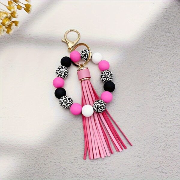 Wholesale Leopard Print White Base Wood Beads Wristlet Keychain