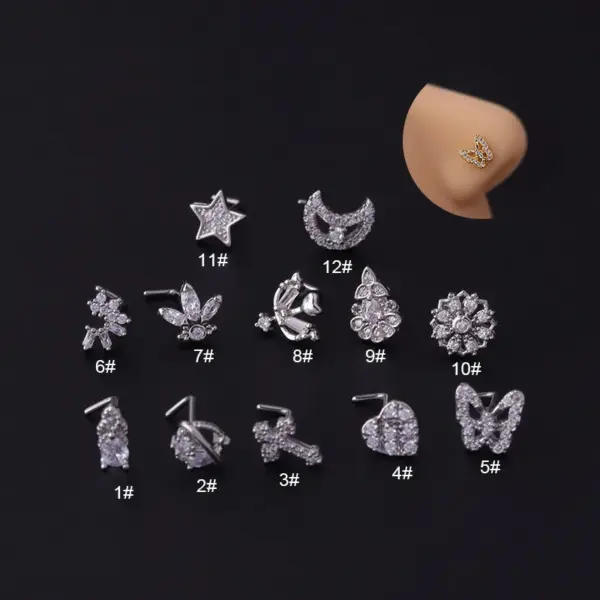 1 Piece 316L Stainless Steel Copper Zircon Nose Rings & Studs Flowers Butterfly Waterproof Non Tarnish Surgical Steel