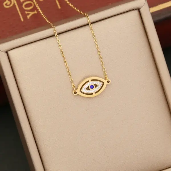 Wholesale 1 Piece Fashion Devil's Eye Stainless Steel Enamel Hollow Out Inlay Zircon Pendant Necklace