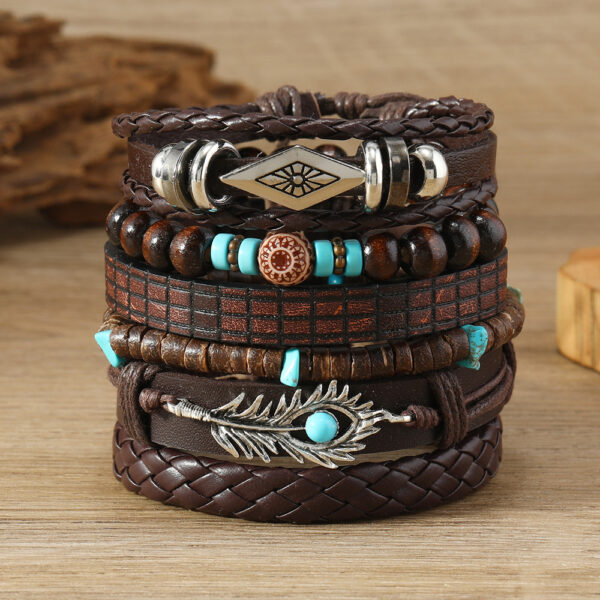 Wholesale Multi-layer coconut shell gravel feather turquoise 6-piece bracelet