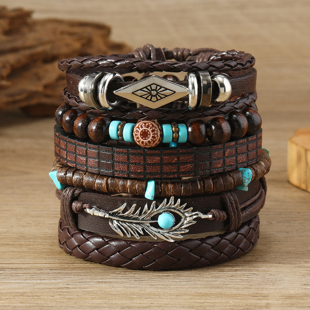 Wholesale Multi-layer nut shell gravel feather turquoise 6-piece bracelet