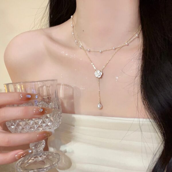 Wholesale Early Spring Accessories Pearl Necklace Simple and High-End Double-Layer Stacked Halter Camellia Sweater Chain Women's Clavicle Chain