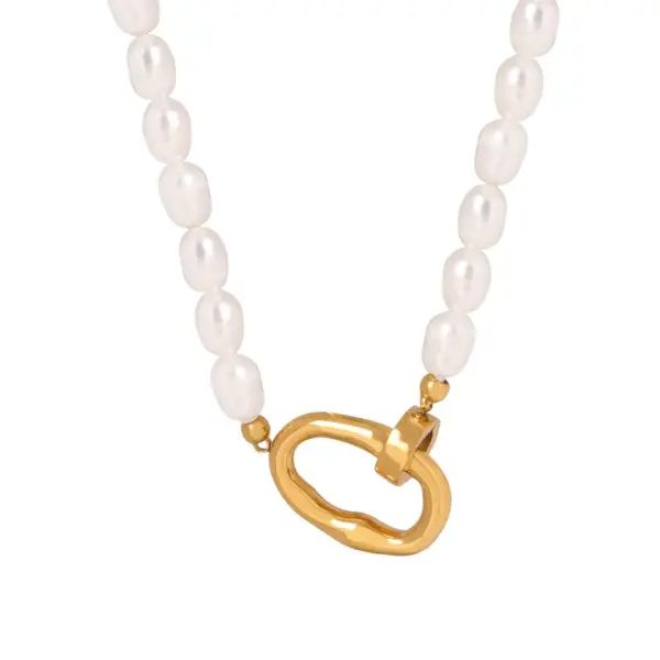 Wholesale 1 Piece 304 Stainless Steel Freshwater Pearl PVD Coated 18K Gold Plated Gold Oval Necklace