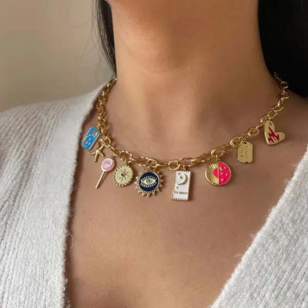 Wholesale 304 Stainless Steel Irregular Vacuum Plating Zircon 18K Gold Plated Marine Style O Subchain Figaro Chain Lobster Trigger Clasp Closure Multi Charms Necklace