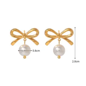【XKE0404】Bowknot Pearl Earrings / Gold