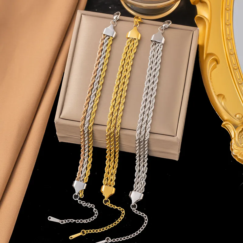 Wholesale PVD Coated Real Gold Plated 18K Rose Twist 304 Stainless Steel Vintage Style Simple Waterproof Non Tarnish Bracelets