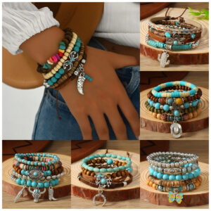 Wholesale Western Denim Style Turquoise Cattle Head Hat Multi-layer Storestring Bracelet Multi-piece Beaded Bracelet