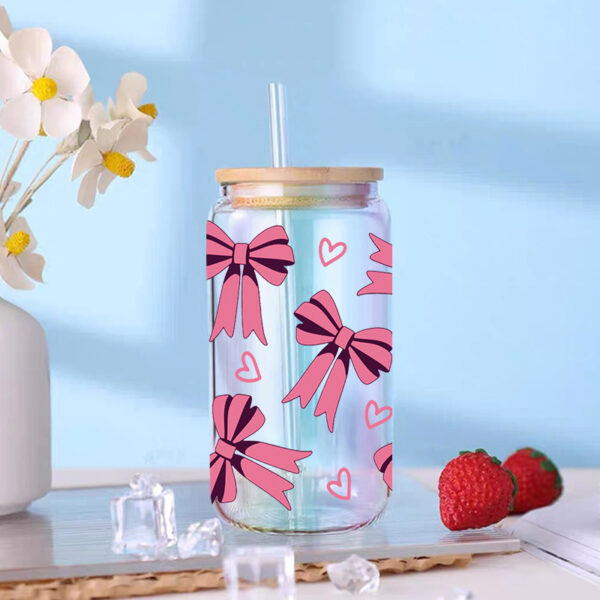 Wholesale UV transfer sticker for pink bow crystal glass cup 16oz