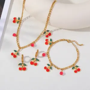 Wholesale Jewelry Elegant Sweet Cherry 304 Stainless Steel 18K Gold Plated Exy Inlay Jewelry Set
