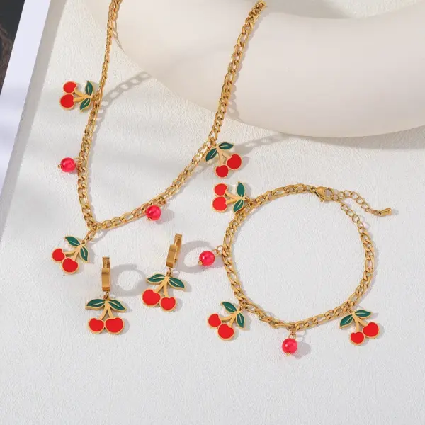 Wholesale Jewelry Elegant Sweet Cherry 304 Stainless Steel 18K Gold Plated Exy Inlay Jewelry Set