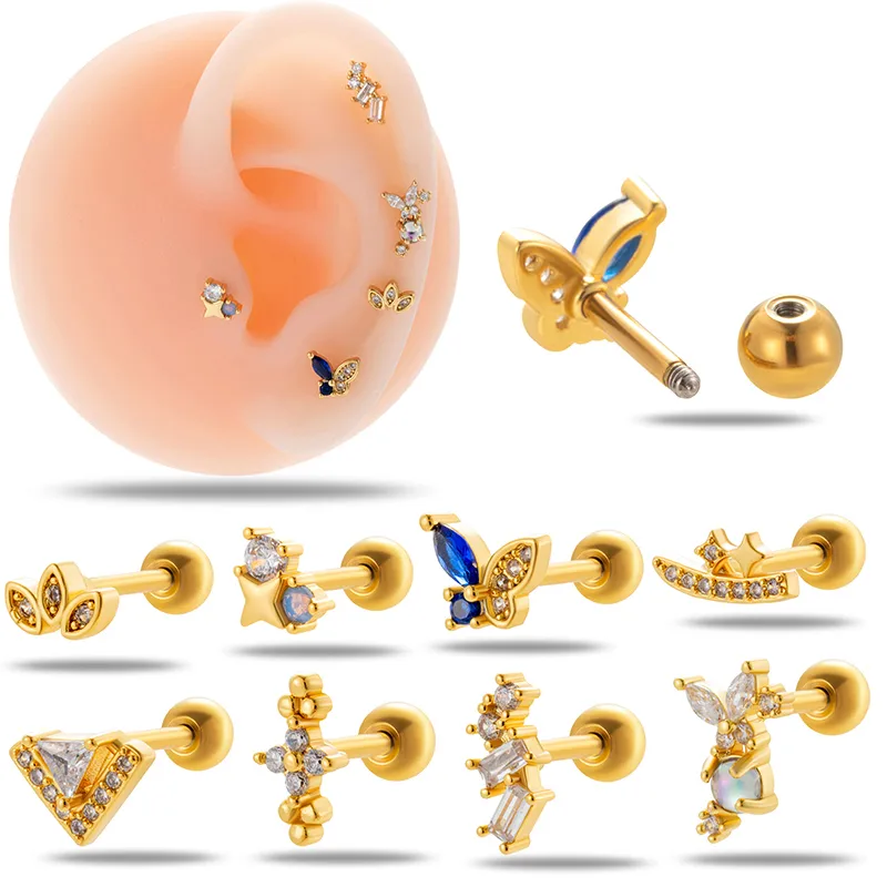 Wholesale 1 Piece Ear Cartilage Rings & Studs IG Style French Style Simple Style Star Flower Butterfly Copper Waterproof Non Tarnish Surgical Stee