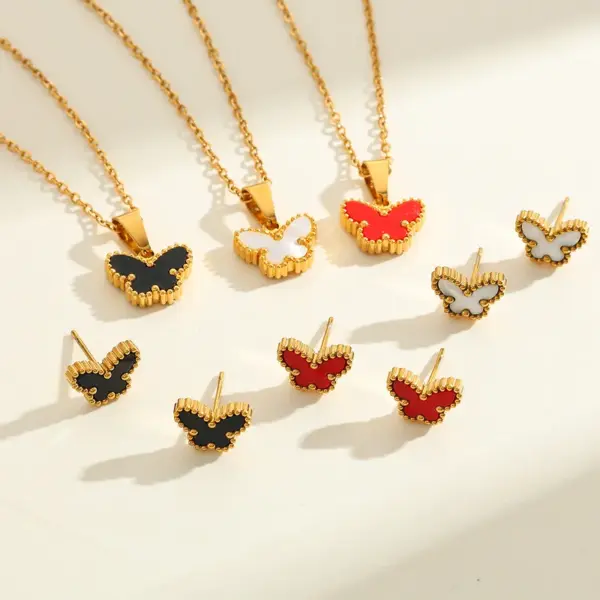 Wholesale Elegant Vintage Butterfly Shell Necklace Earrings Set Gold Plated Stainless Steel Jewelry Accessories For Women All Seasons