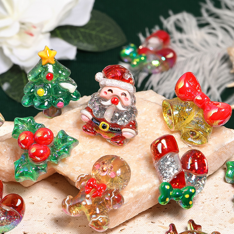 Wholesale christmas diy resin aessories sequins op glue snowman bell beaded mobile phone chain beads with through hole