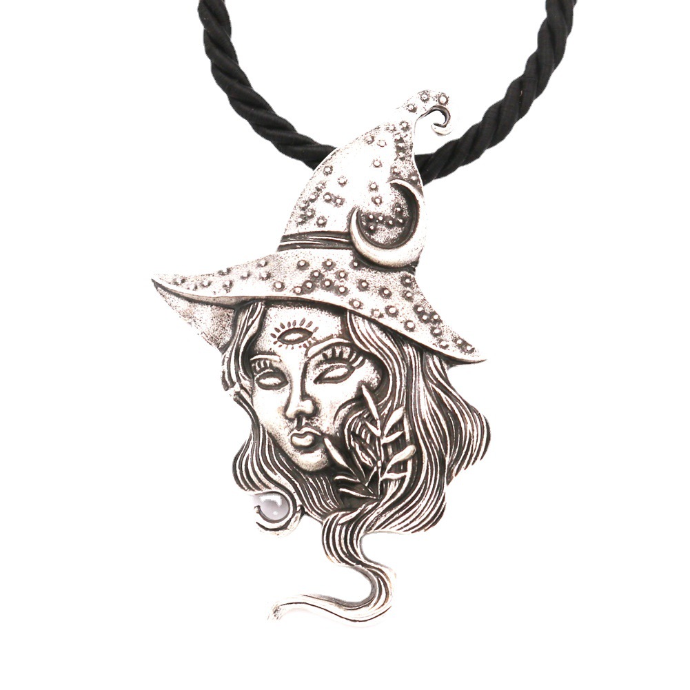 Wholesale Cross-border Hot Retro Long Hair Witch Necklace Sun Moon Witch Pendant European and American pular Jewelry Manufacturers Direct Sply