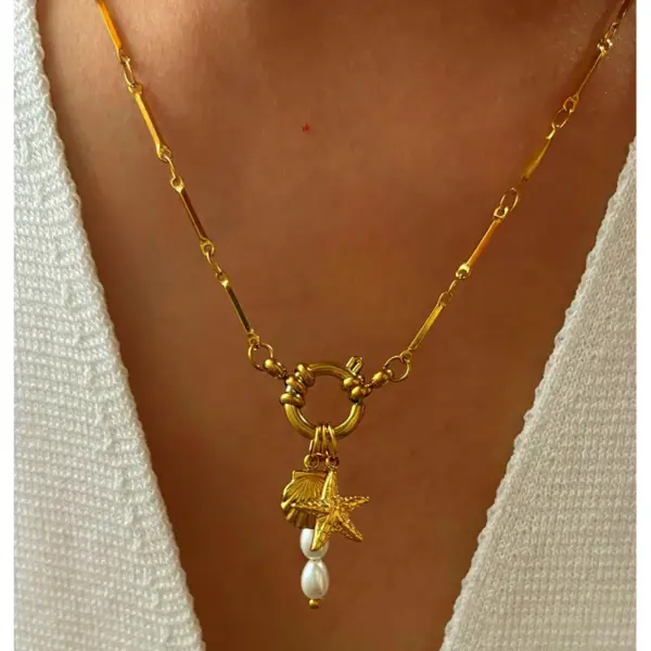 Wholesale 304 Stainless Steel Starfish Shell PVD Coated Imitation Pearl Real Gold Plated Beach Waterproof Non Tarnish Surgical Steel Bamboo Joint Steering Wheel Buckle Gold Pendant Necklace