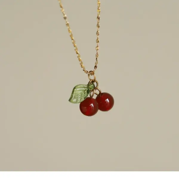 Wholesale Jewelry Retro Cherry 304 Stainless Steel Resin 18K Gold Plated Plating Stainless Steel Necklaces