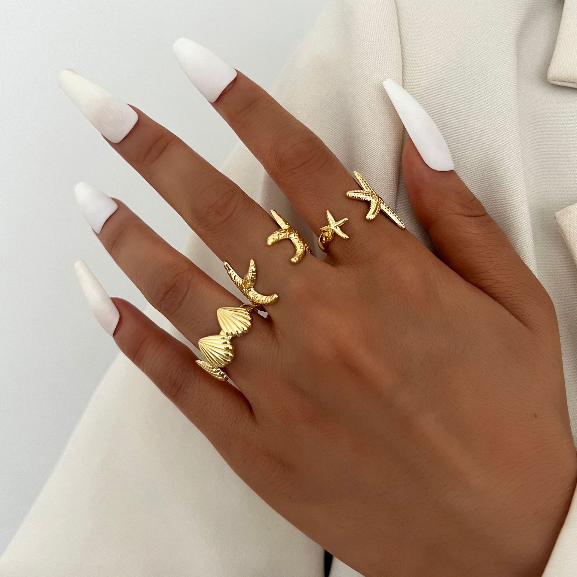 Wholesale Cross-border Europe and the United States New Beach Style Leisure Starfish Shell Opening Ring Ocean Vacation Women's Bracelet 3-piece Set