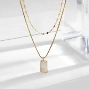 Double-Layer Rectangular White Shell Gold Necklace / 18K