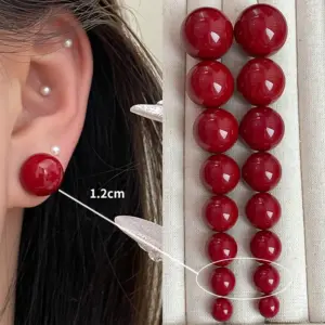 4163-1.2cm Red Bead Stud Earrings