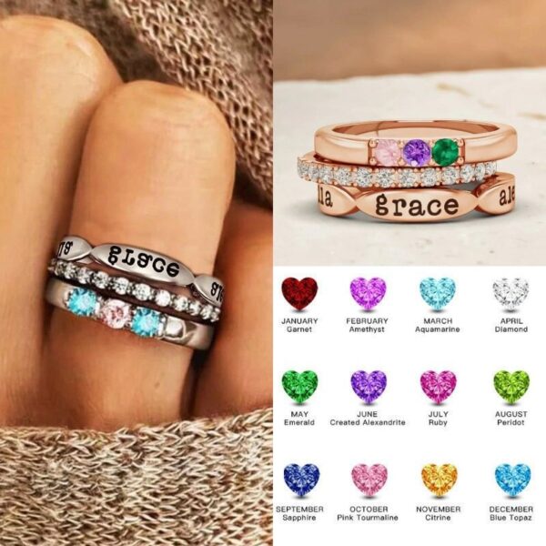 Wholesale European and American cross-border hot selling Mother's Day 12-color birthday stone three-piece combination stacked ring lettering personalized fashion jewelry