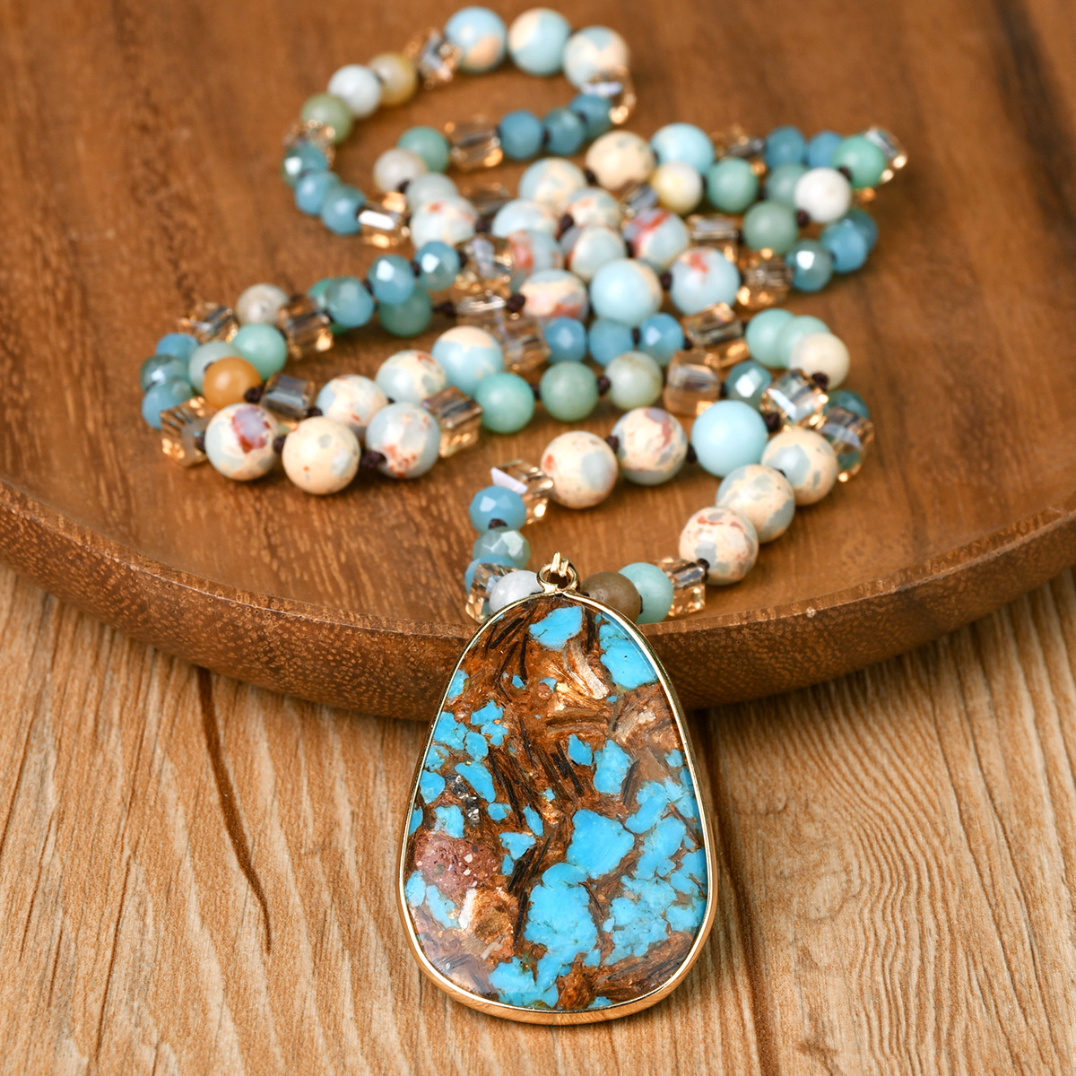 Wholesale European and American Autumn and Winter Handmade Knot Emperor Stone Pendant Long Necklace Light Luxury Niche Amazon Stone High-grade Sense W