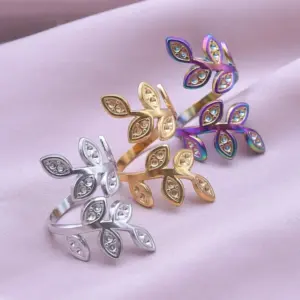 Wholesale PVD Coated Real Gold Plated 18K Gold Leaves 304 Stainless Steel Simple Style Waterproof Non Tarnish Open Rings