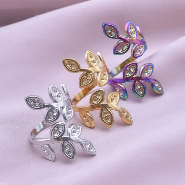 Wholesale PVD Coated Real Gold Plated 18K Gold Leaves 304 Stainless Steel Simple Style Waterproof Non Tarnish Open Rings