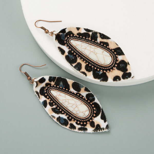 Wholesale Leopard Leather Earrings Distinctive Alloy Set with Big Turquoise Long Banquet Earrings