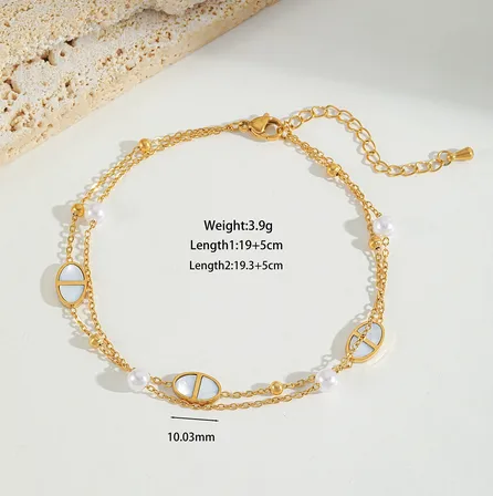 Wholesale Jewelry Casual Cute Beach Shell Fish 304 Stainless Steel Acrylic Imitation Pearl Zircon 18K Gold Plated Plating Inlay Anklet