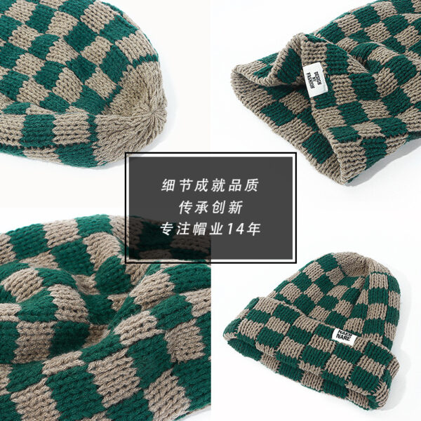 oly-85aae14627ec8d3df813fc3369fe6125 Wholesale Chessboard Plaid Knitted Hat Women's Autumn and Winter New Korean Style Niche Big Head Wool Hat Shown Face Small Warm Hat