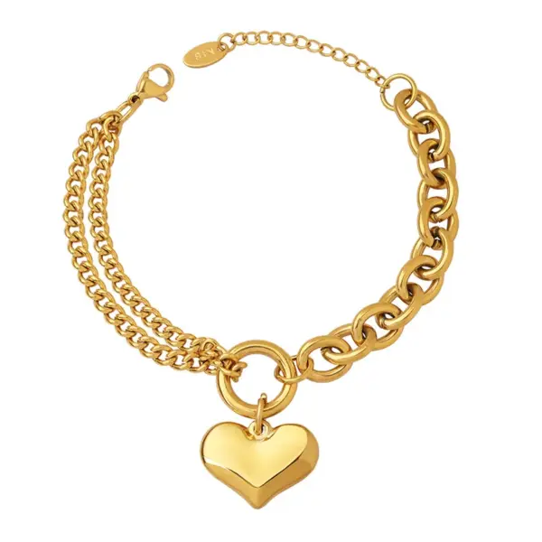 PVD Coated Real Gold Plated 18K Gold Heart Shape Titanium Steel Fashion Waterproof Non Tarnish 304 Stainless Steel Bracelets